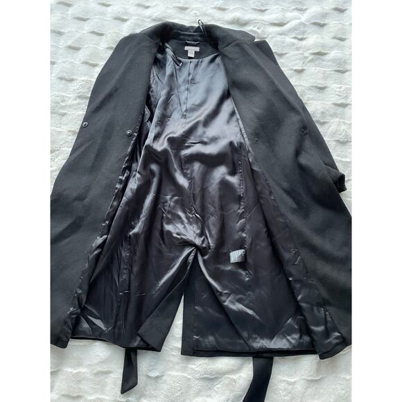 🔥H&M Wool Blend Black Overcoat Belted Stylish Old Money Minimalist Women Sz 10 - Picture 8 of 16